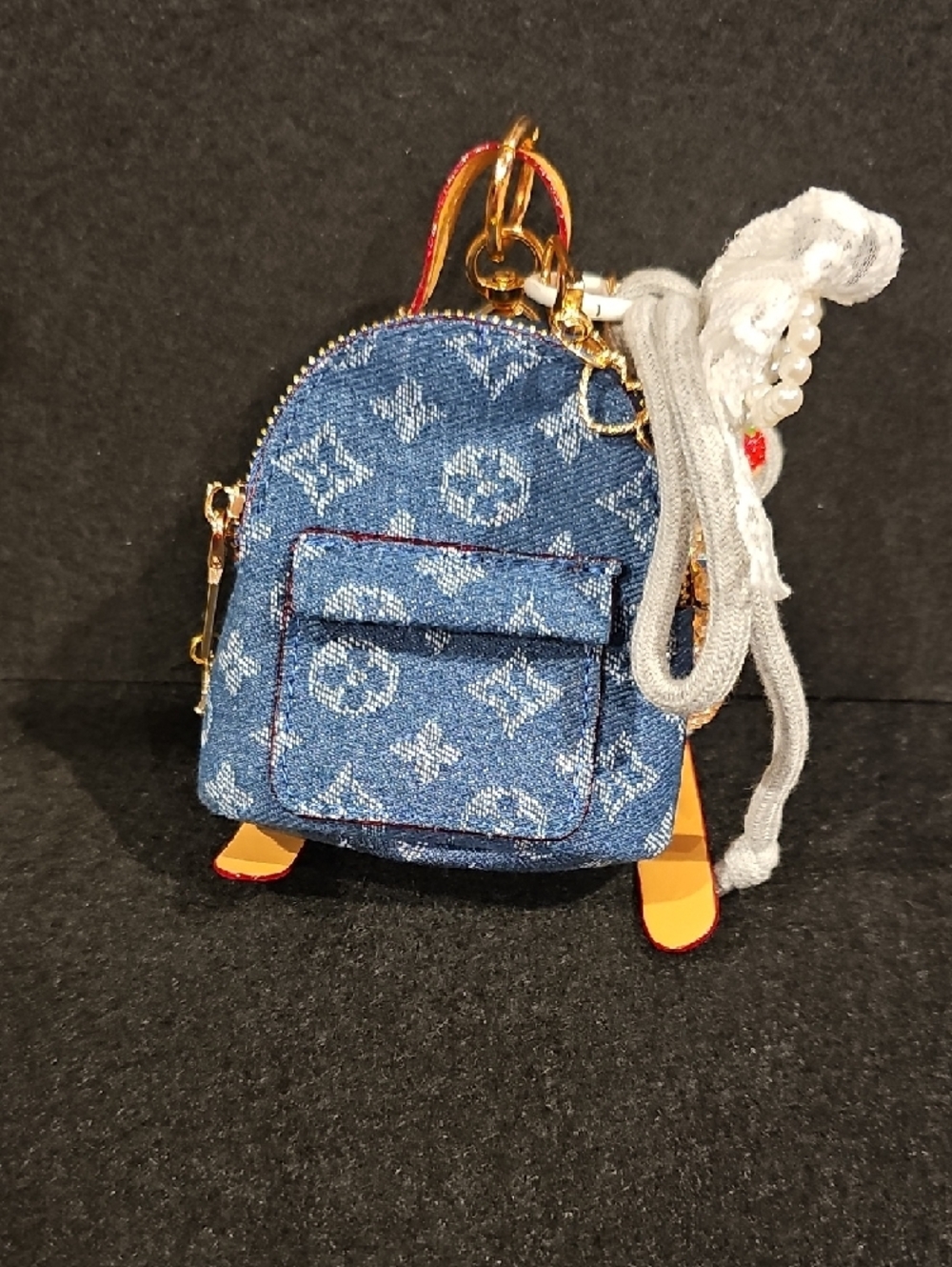 Soft Denim Mini Backpack Charm with Lace Bow & Pearls - Picture 7 of 8